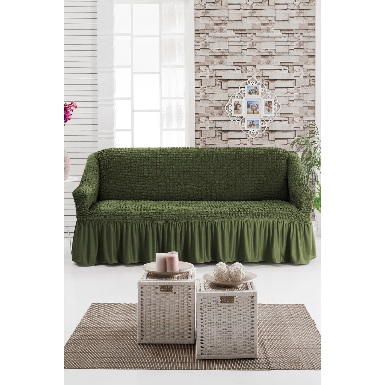 Husa elastica din material creponat, cu volan, pentru canapea 2 locuri, 130/180 x 90/110 x 50/80 cm, Verde