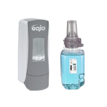 Pachet Sapun spuma Gojo ADX-7 8716, miros fructe de padure, turcoaz, 700ml si Dispenser Gojo ADX-7 8784, alb/gri Pachet Sapun spuma Gojo ADX-7 8716, miros fructe de padure, turcoaz, 700ml si Dispenser Gojo ADX-7 8784, alb/gri