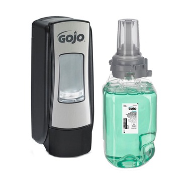 Pachet Sapun spuma/gel dus GOJO ADX-7 8713 700ml + Dispenser Gojo ADX-7 8788, 700ml, culoare crom/negru Pachet Sapun spuma/gel dus GOJO ADX-7 8713 700ml + Dispenser Gojo ADX-7 8788, 700ml, culoare crom/negru
