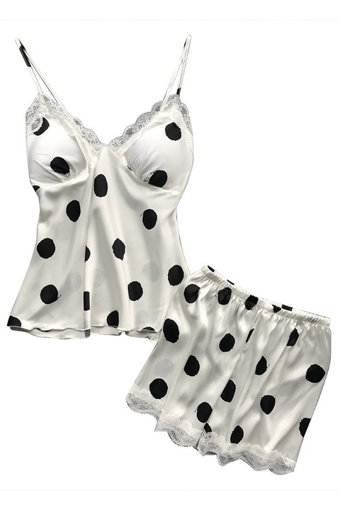 Set pijama, haine de stat in casa sexy, 2 piese, satin cu dantela, maieu si pantalon scurt, EFAYN RO, Alb