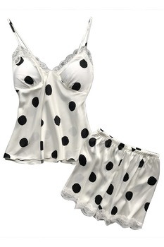 Set pijama, haine de stat in casa sexy, 2 piese, satin cu dantela, maieu si pantalon scurt, EFAYN RO, Alb Set pijama, haine de stat in casa sexy, 2 piese, satin cu dantela, maieu si pantalon scurt, EFAYN RO, Alb