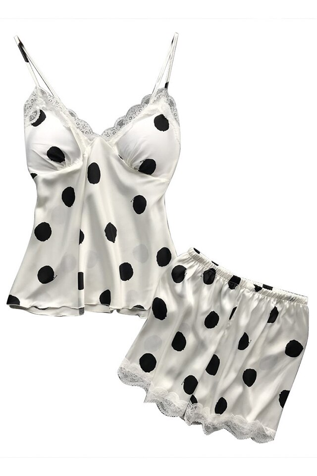 Set pijama, haine de stat in casa sexy, 2 piese, satin cu dantela, maieu si pantalon scurt, EFAYN RO, Alb