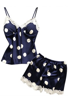 Set pijama, haine de stat in casa sexy, 2 piese, satin cu dantela, maieu si pantalon scurt, EFAYN RO, Albastru inchis Set pijama, haine de stat in casa sexy, 2 piese, satin cu dantela, maieu si pantalon scurt, EFAYN RO, Albastru inchis