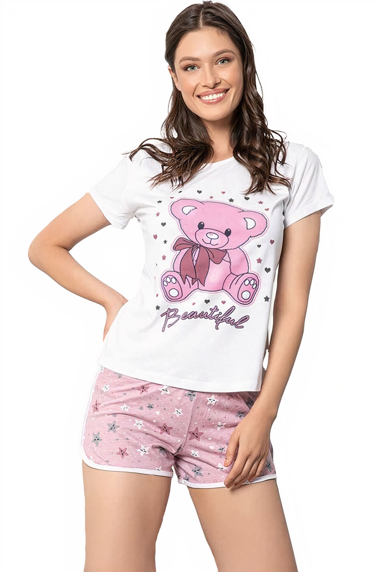 Pijama dama bumbac, confortabila, maneci scurte, Roz / Alb