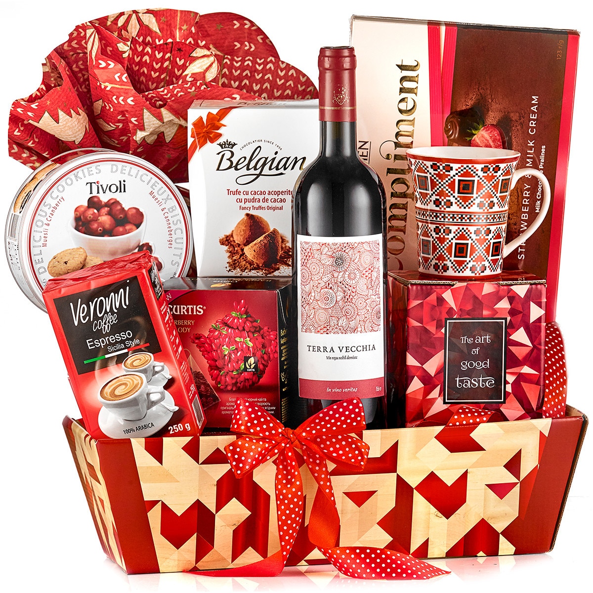 Cos Cadou Rosso Vero cu Vin Terra Vechia, Panettone,Fursecuri daneze,Trufe Belgian ,Bomboane Compliment, ceai Curtis, Cana