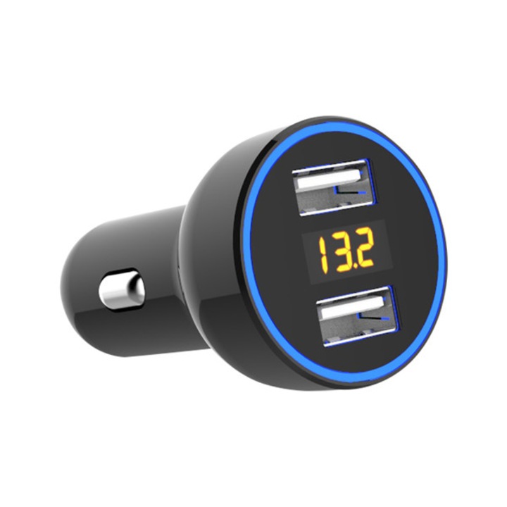 Incarcator auto premium cu 2 porturi usb 2XUSB QC 3.0 cu afisaj tensiune,putere led