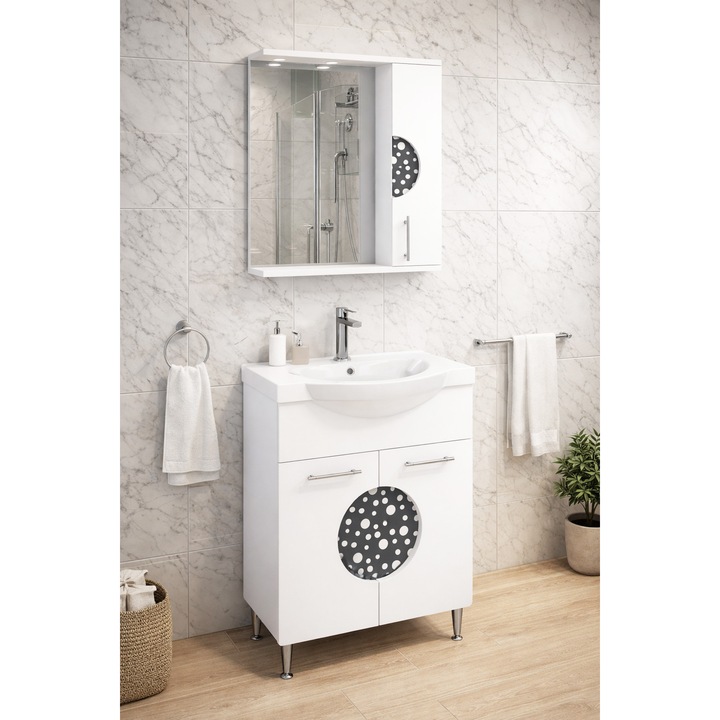 Set baza cu lavoar si oglinda, seria 178, 55cm, Badenmob, alb