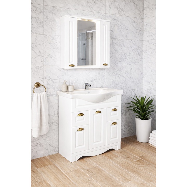 Set baza cu lavoar si oglinda, seria 172, 75cm, Badenmob, alb rustic