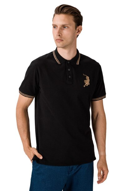 Tricou polo JUST CAVALLI , logo leopard , negru , L