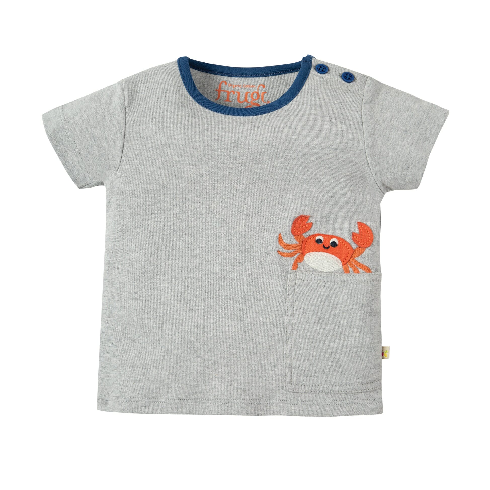 Tricou cu crab si buzunar, bumbac organic, gri, copii