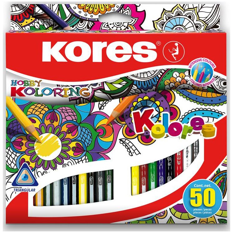Creioane colorate Kores, triunghiulare, 50 culori