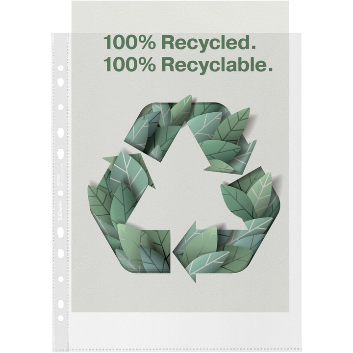 Folie de protectie Esselte Recycled, PP, 100% reciclat, reciclabil, A4 MAXI, 70 mic, 50 buc/cutie, standard