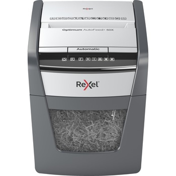 Distrugator documente automat REXEL OPTIMUM 50X, P4, cross-cut (confeti), 50 coli, cos 20l, negru-gri Distrugator documente automat REXEL OPTIMUM 50X, P4, cross-cut (confeti), 50 coli, cos 20l, negru-gri