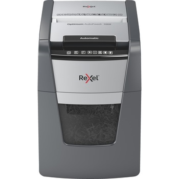 Distrugator documente automat REXEL OPTIMUM 100X, P4, cross-cut (confeti), 100 coli, cos 34l, negru-gri Distrugator documente automat REXEL OPTIMUM 100X, P4, cross-cut (confeti), 100 coli, cos 34l, negru-gri