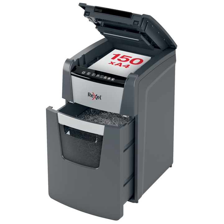 Distrugator documente automat REXEL OPTIMUM 150M, P5, micro-cut (particule), 150 coli, cos 44l, negru-gri