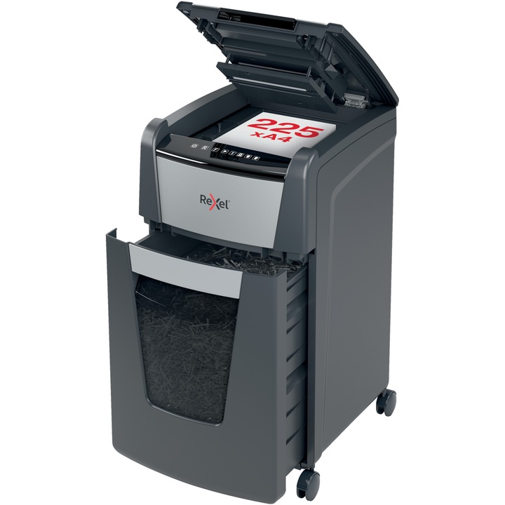 Distrugator documente automat REXEL OPTIMUM 225X, P4, cross-cut (confeti), 225 coli, cos 60l, negru-gri