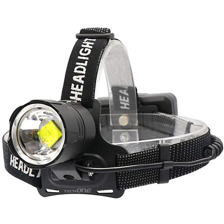 Lanterna de cap LED Techone® GD-HL171+, din aluminiu, sursa 1 x LED XP70 Ultra-Bright, cu zoom, profesionala, acumulatori inclus, rezistenta la apa, 20000 lumeni, 4 moduri lumina, stop atentionare spate, negru