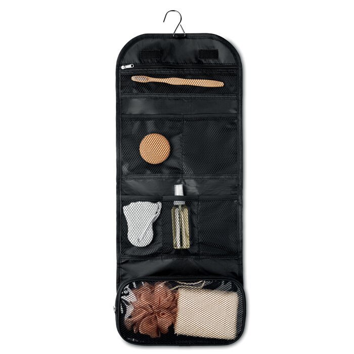 Geanta cosmetice de voiaj, cu agatatoare, Everestus, 20IAN436, Poliester 600D si 300D, Negru, saculet inclus