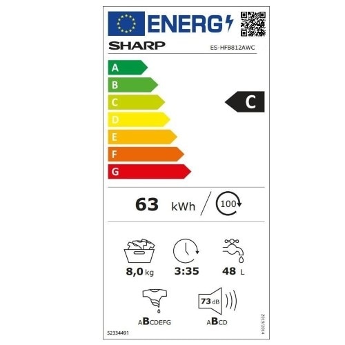 Masina de spalat rufe frontala SHARP ES-HFB812AWC, Motor Advanced Inverter, 8 kg, 1200 rpm, Clasa C, Alb