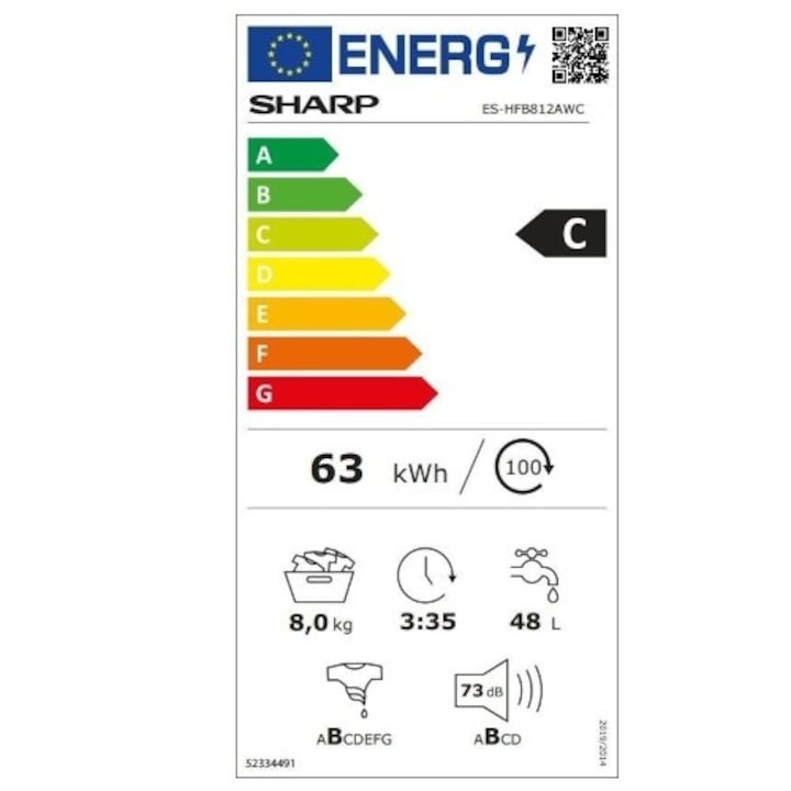 Masina de spalat rufe frontala SHARP ES-HFB812AWC, Motor Advanced Inverter, 8 kg, 1200 rpm, Clasa C,Alb