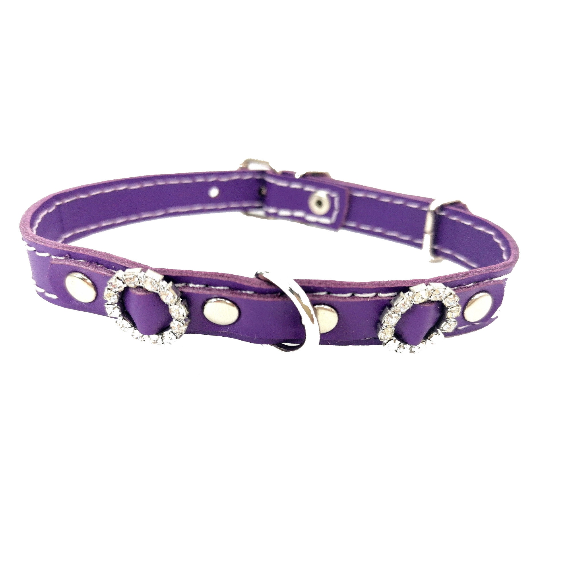 Zgarda din piele naturala mov 15 mm x 37 cm cu strasuri