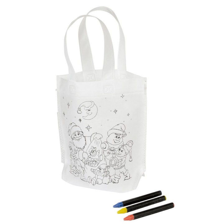 Sacosa de colorat cu design de Craciun, 21 x 21 cm, Everestus, 20SEP0987, Polipropilena, Alb, 2 bastonase gonflabile incluse