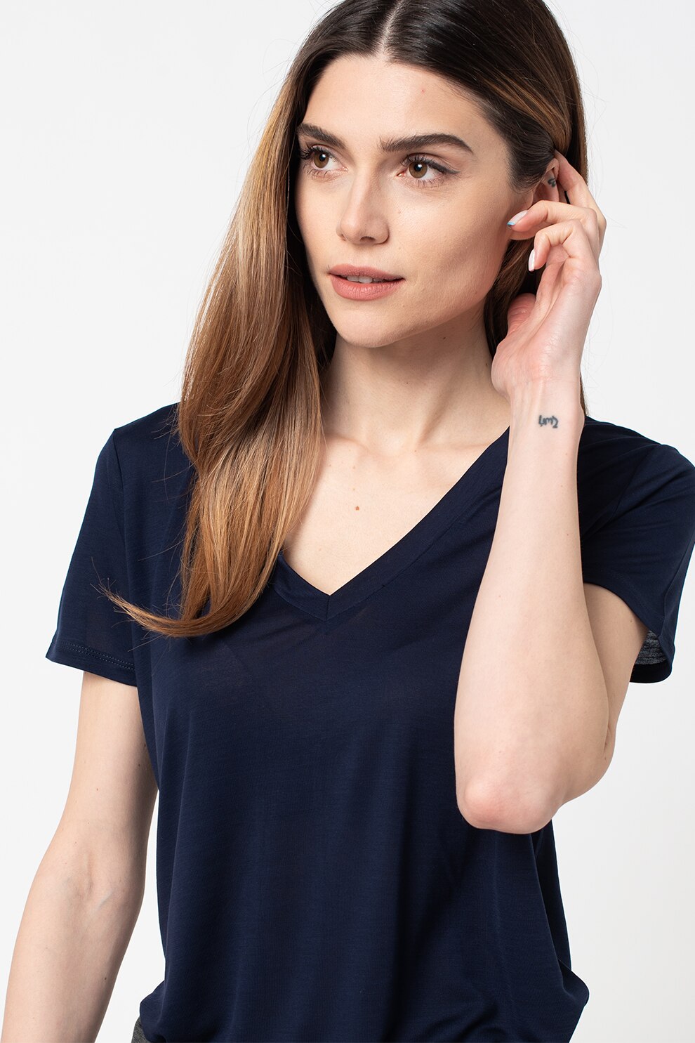 United Colors of Benetton, Tricou din lyocell cu decolteu in V, Bleumarin