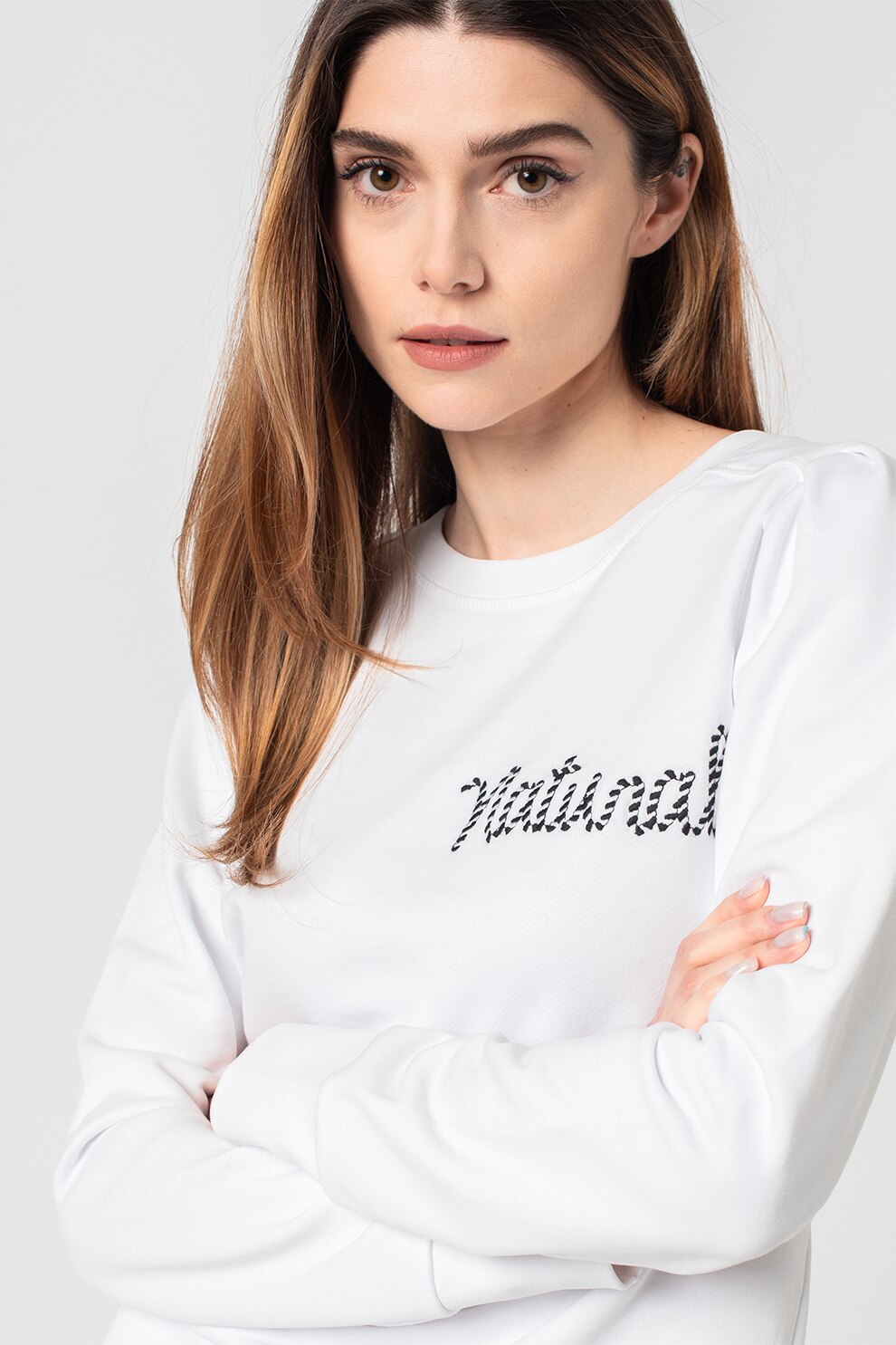 United Colors of Benetton, Bluza sport cu text brodat, Alb