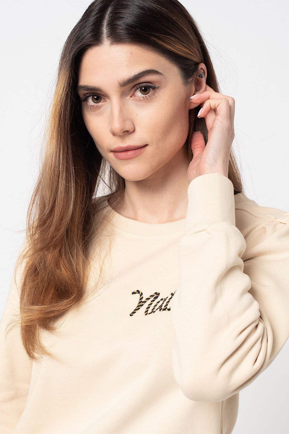 United Colors of Benetton, Bluza sport cu text brodat, Maro camel