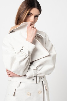 United Colors of Benetton, Palton cu o curea in talie, Alb fildes United Colors of Benetton, Palton cu o curea in talie, Alb fildes