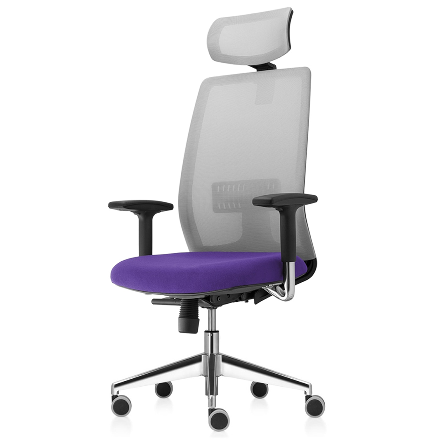 Scaun ergonomic de birou TRAFFIC CHAIRS CONCEPT PRO, mesh gri, sezut MOV, tetiera, brate cromate reglabile, multiblock, suport lombar reglabil, baza aluminiu