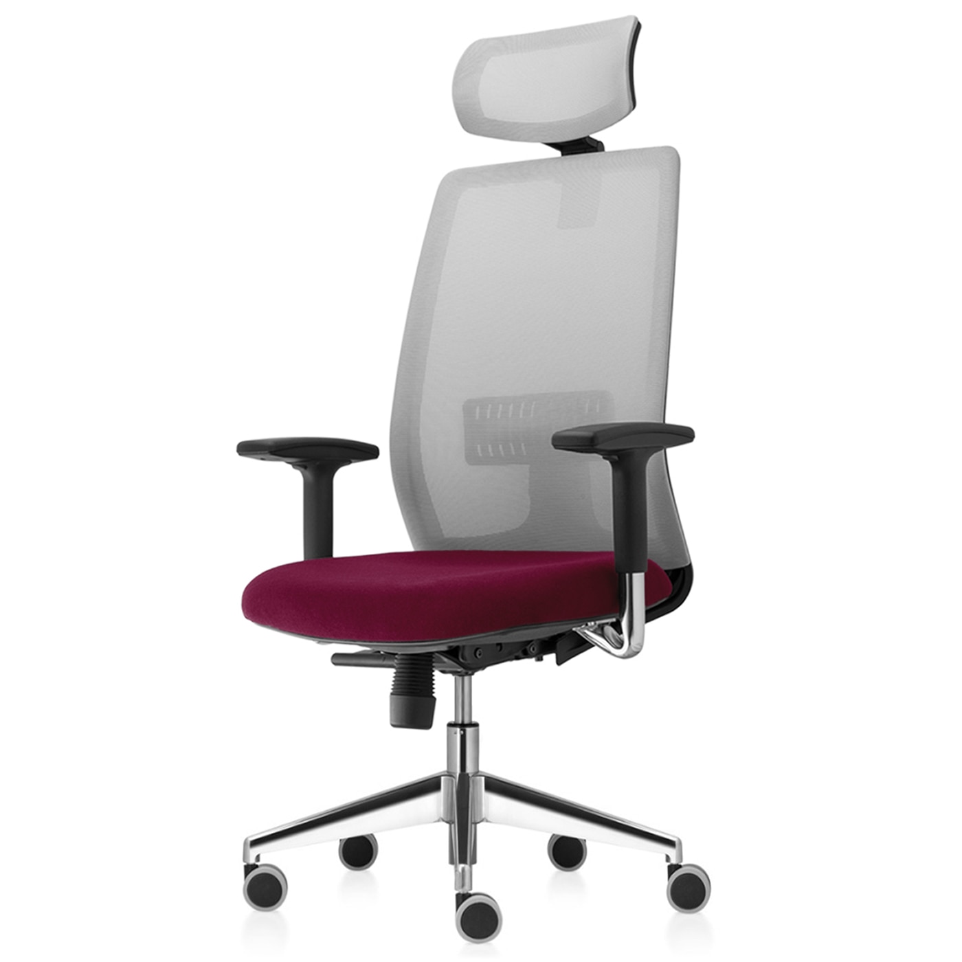 Scaun ergonomic de birou TRAFFIC CHAIRS CONCEPT PRO, mesh gri, sezut BORDO, tetiera, brate cromate reglabile, multiblock, suport lombar reglabil, baza aluminiu