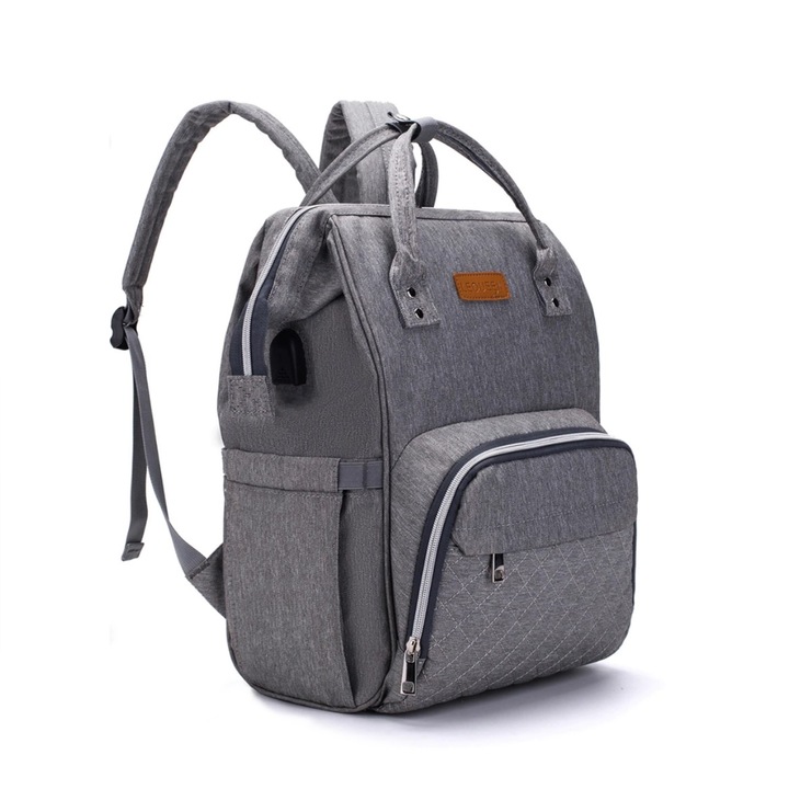 Rucsac impermeabil multifunctional pentru mamici, interfata USB, LEQUEEN, Gri