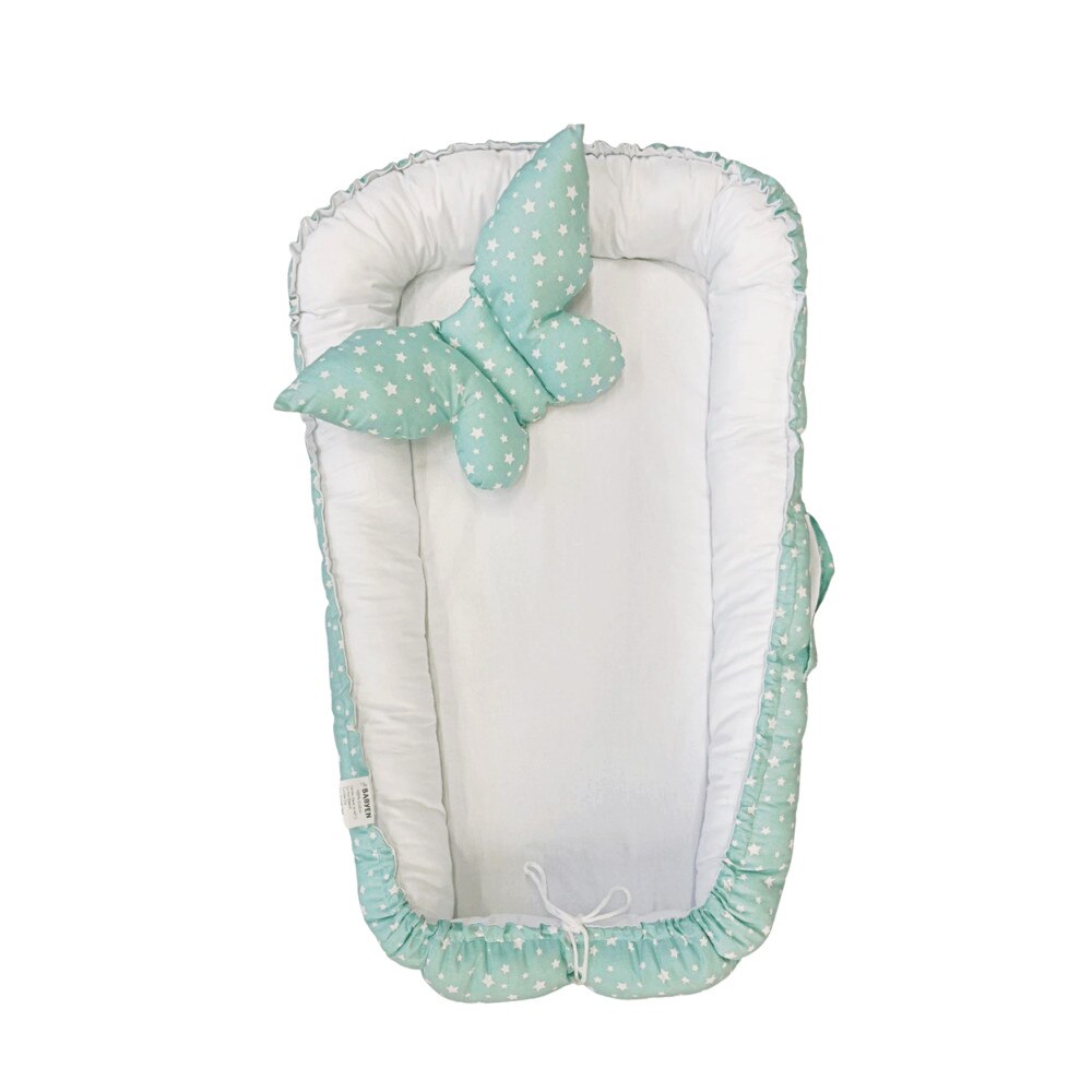 Cuib pentru bebelusi, Alb/Turcoaz, bumbac, cu stelute, 80 cm