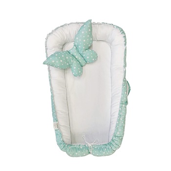 Cuib pentru bebelusi, Alb/Turcoaz, bumbac, cu stelute, 80 cm Cuib pentru bebelusi, Alb/Turcoaz, bumbac, cu stelute, 80 cm