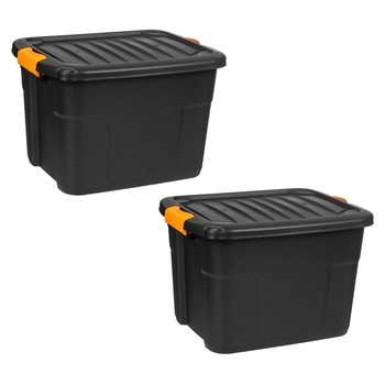 Set 2 cutii depozitare stivuibile din plastic rezistent, cu cleme de prindere capac, 20.5 Litri, Negru, 38x30x28 cm Set 2 cutii depozitare stivuibile din plastic rezistent, cu cleme de prindere capac, 20.5 Litri, Negru, 38x30x28 cm