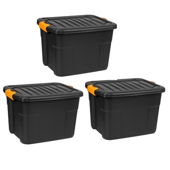Set 3 cutii depozitare stivuibile din plastic rezistent, cu cleme de prindere capac, 21 Litri, Negru, 39x30x29 cm Set 3 cutii depozitare stivuibile din plastic rezistent, cu cleme de prindere capac, 21 Litri, Negru, 39x30x29 cm