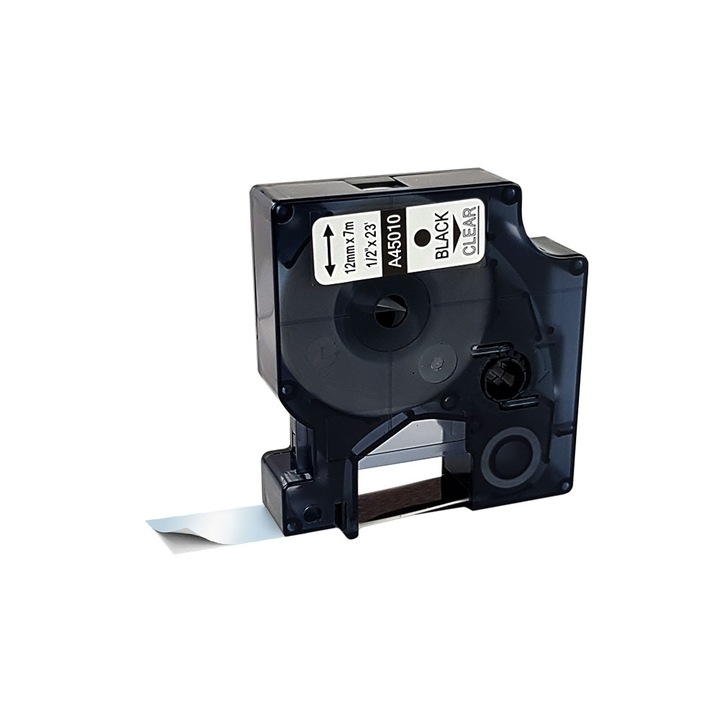 Etichete 12mm x 7m negru/transparent compatibile Dymo S0720500 45010, pentru gama Dymo Labelamanger si Aimo D1600