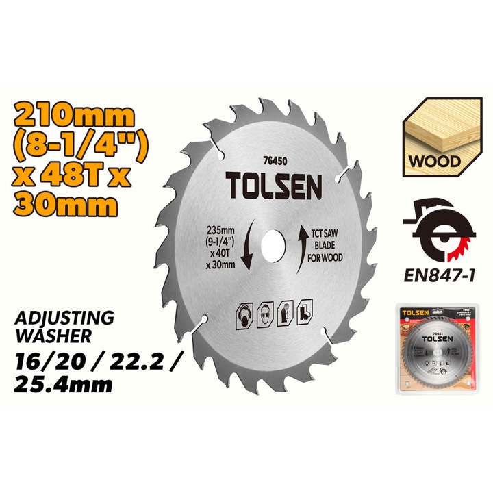 Disc circular lemn TOLSEN 210x30x48T, Lama cu vidia, Inel reducere 16mm, Taiere precisa, Durabilitate ridicata, Ideal pentru aplicatii profesionale si casnice