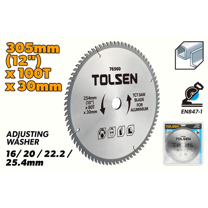Disc circular TOLSEN 305mm x 30mm x 100T cu vidia, pentru aluminiu si metale neferoase, taiere de precizie, compatibil cu reductii 16/25.4mm, ideal pentru aplicatii industriale si ateliere