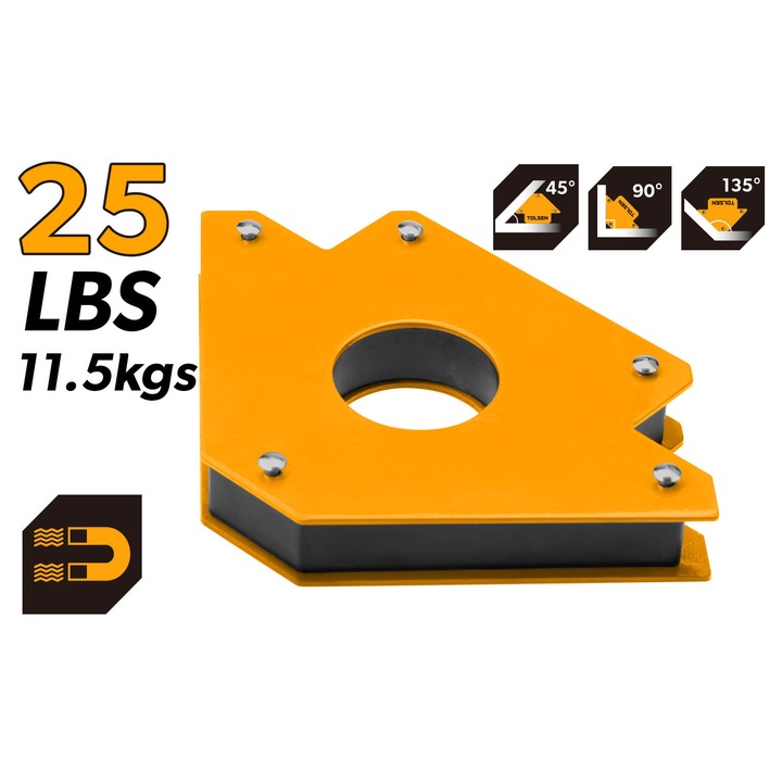 Dispozitiv magnetic fixare sudura TOLSEN 11.5kg (25LBS), unghiuri 45° 75° 135°, otel presat de calitate, magnet puternic, suport precis pentru lipire si sudare piese metalice