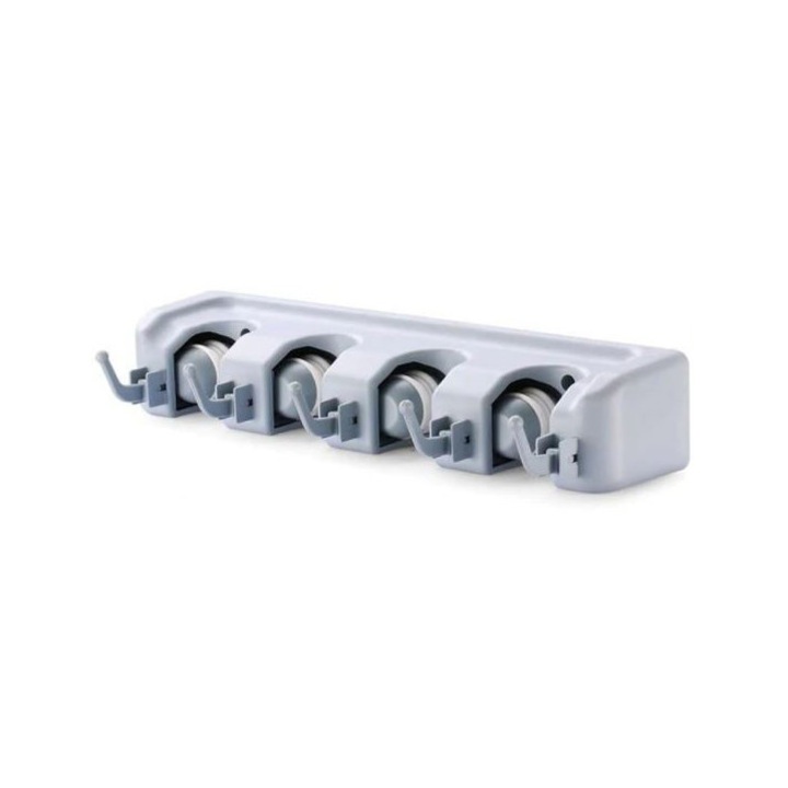 Suport SmartHanger multifunctional pentru mop, maturi cu montaj pe perete, 4 Compartimente si 5 Agatatori, gri, Doty