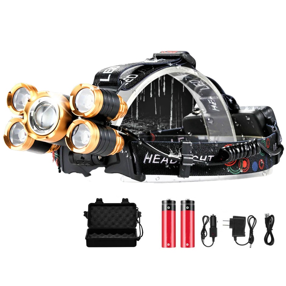 Lanterna Frontala de Cap cu 5 LED-uri, Zoom, Waterproof IPX6, Aluminiu,2 Acumulatori 18650,5 x T6X Led Cree, Unghiul fasciculului180 °, Rotire 90 °,8000 Lumeni