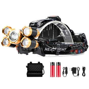 Lanterna Frontala de Cap cu 5 LED-uri, Zoom, Waterproof IPX6, Aluminiu,2 Acumulatori 18650,5 x T6X Led Cree, Unghiul fasciculului180 °, Rotire 90 °,8000 Lumeni Lanterna Frontala de Cap cu 5 LED-uri, Zoom, Waterproof IPX6, Aluminiu,2 Acumulatori 18650,5 x T6X Led Cree, Unghiul fasciculului180 °, Rotire 90 °,8000 Lumeni