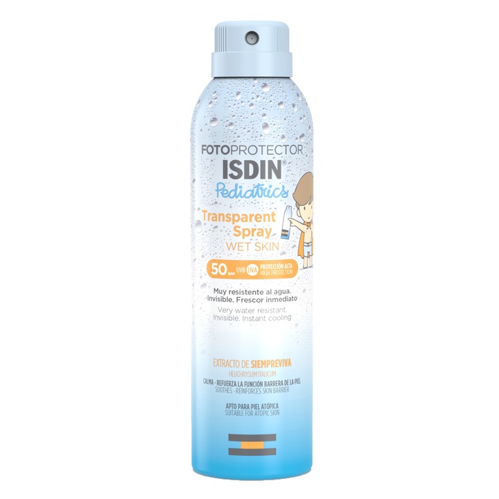 Spray transparent pentru copii ISDIN Pediactrics Wet Skin, SPF 50+, pentru protectie solara, 250 ml