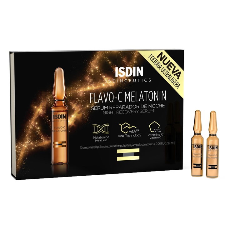 Ser reparator pentru noapte ISDIN Flavo C Melatonin, 10 fiole x 2 ml