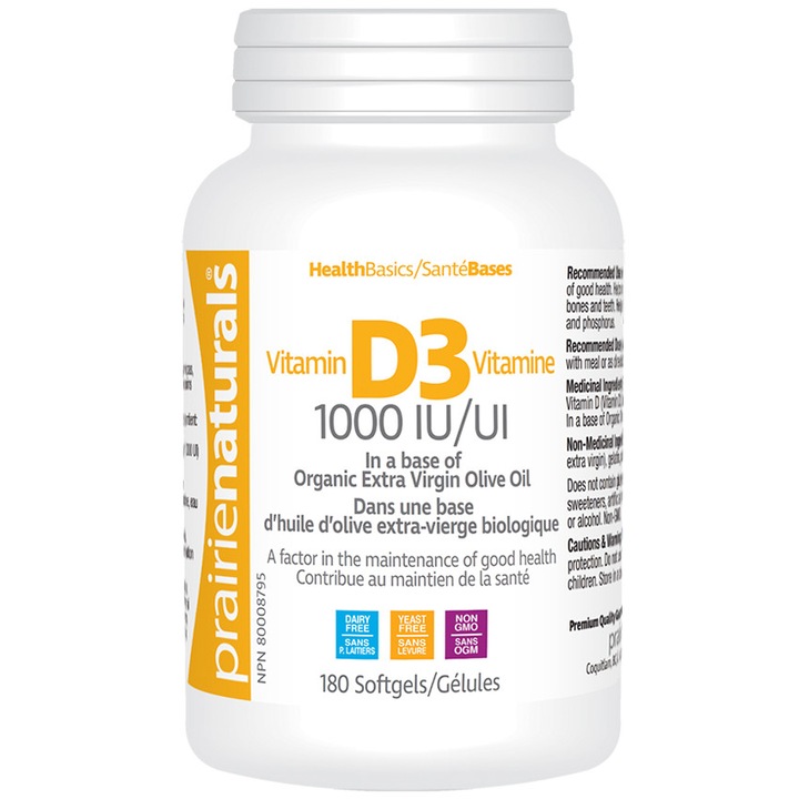 Vitamina D3 Forte 1000 UI, 180 caps, Prairie Naturals, fara lactoza, sustine sistemul imunitar, endocrin sau osos, mentine concentratiile normale de calciu in sange
