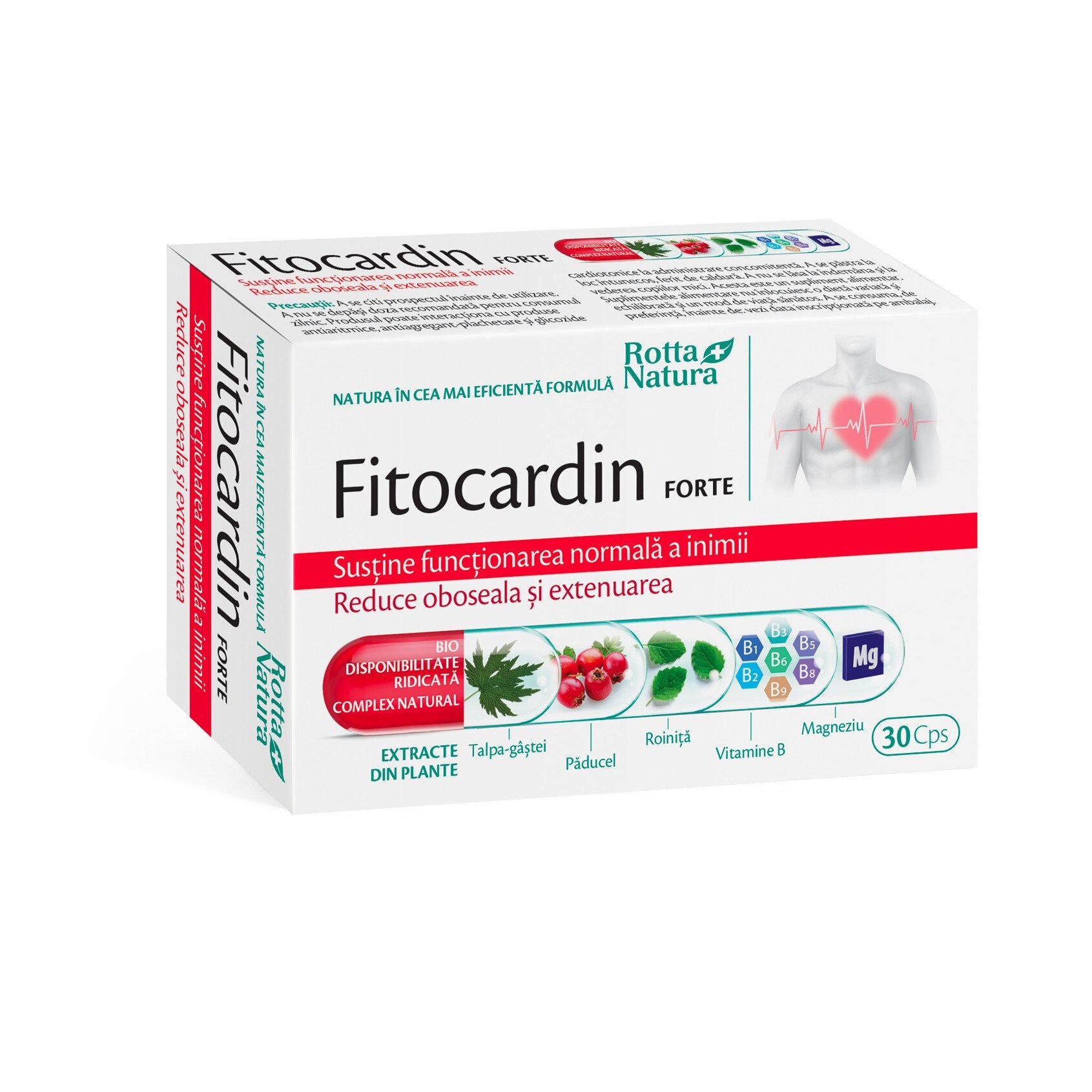 Supliment alimentar Fitocardin Forte, Rotta Natura, Magneziu + Complex Vitamine B + Extracte naturale, 30 capsule