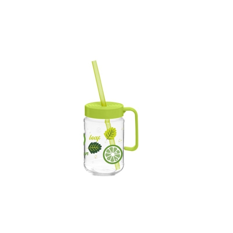 Cana din sticla cu capac si pai din plastic ,370 ml , Grunberg,SGR3188