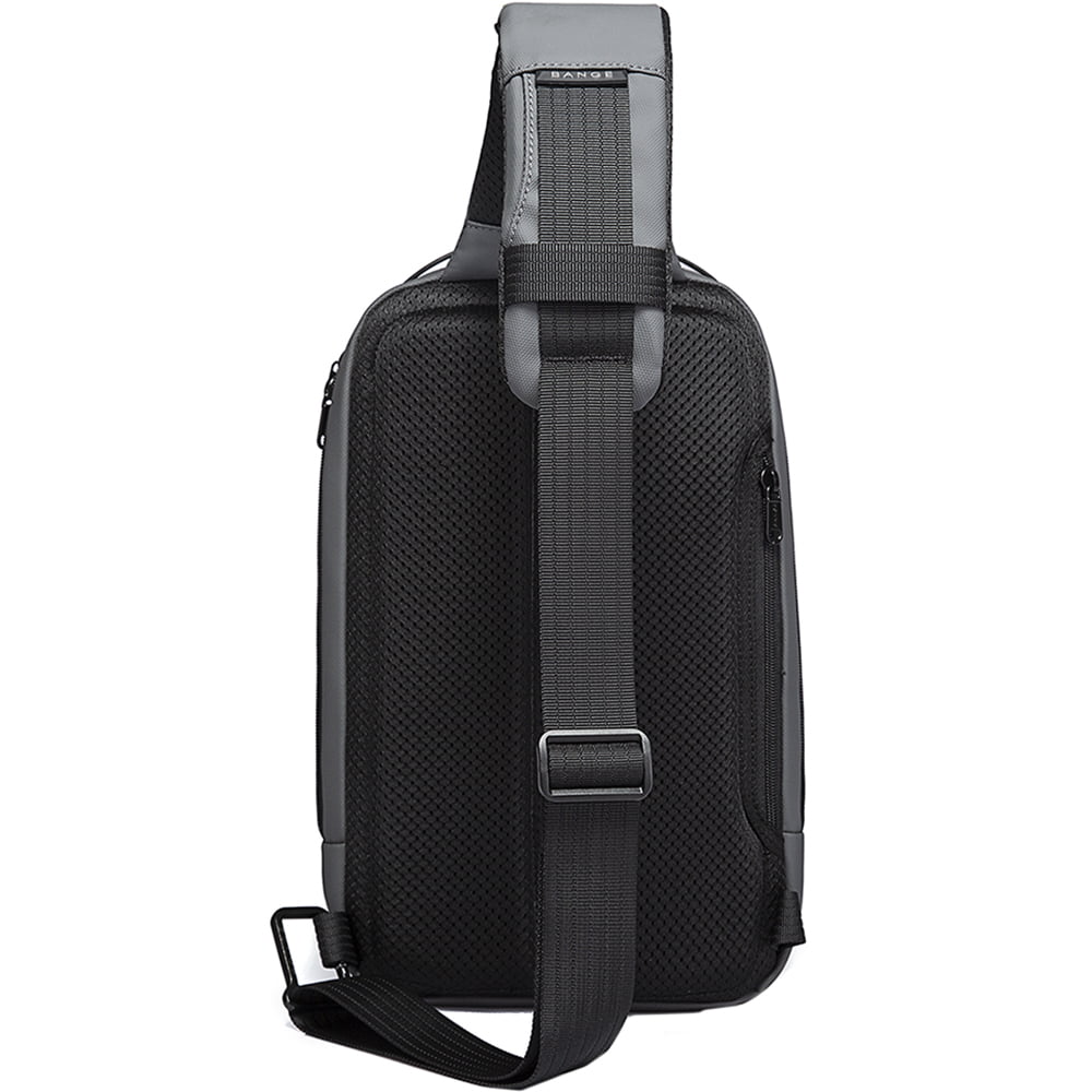 Rucsac crossbody/de umar casual, impermeabil, cu port de incarcare USB si compartiment casti, Bange, Gri